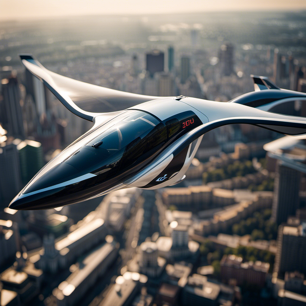 An image capturing the futuristic essence of Go Gliders, showing a sleek, electric-powered personal glider hovering effortlessly above a bustling cityscape, with commuters marveling at this innovative mode of transportation