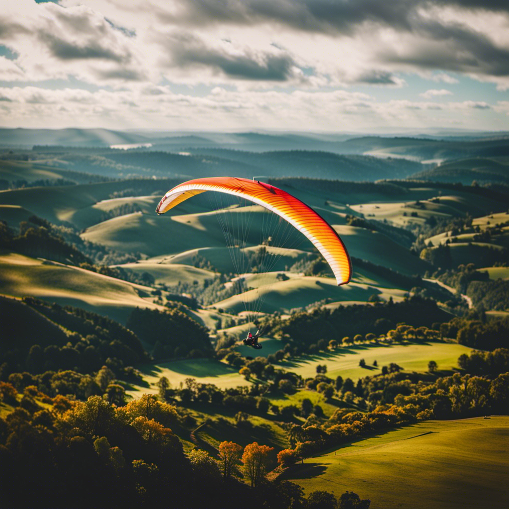 An image showcasing a breathtaking aerial view of a serene landscape with a vibrant hang glider soaring gracefully through the sky, illustrating the exhilarating experience of hang gliding for first-timers