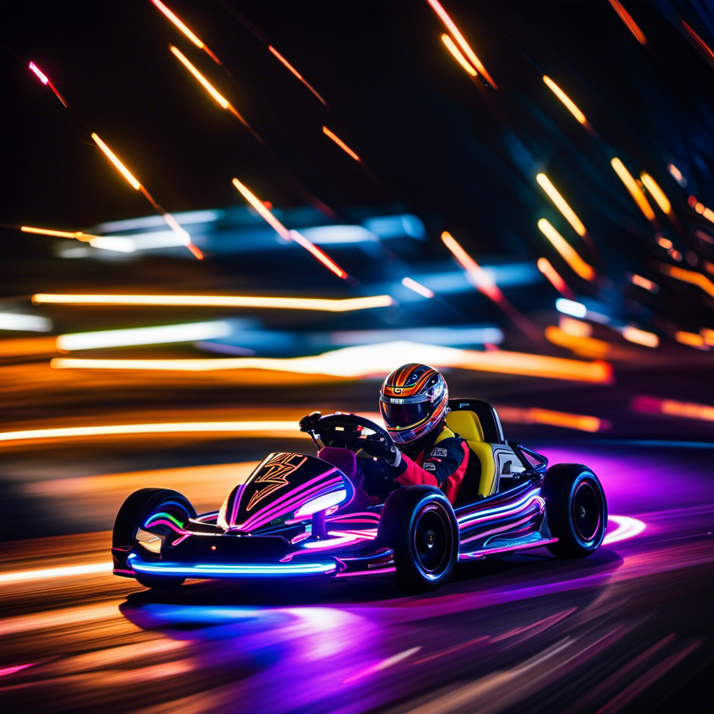 An image capturing the exhilarating essence of the Go Kart Glider trend: zooming neon streaks cutting through the darkness, vibrant sparks ignited by wheels, and gleeful faces radiating pure joy
