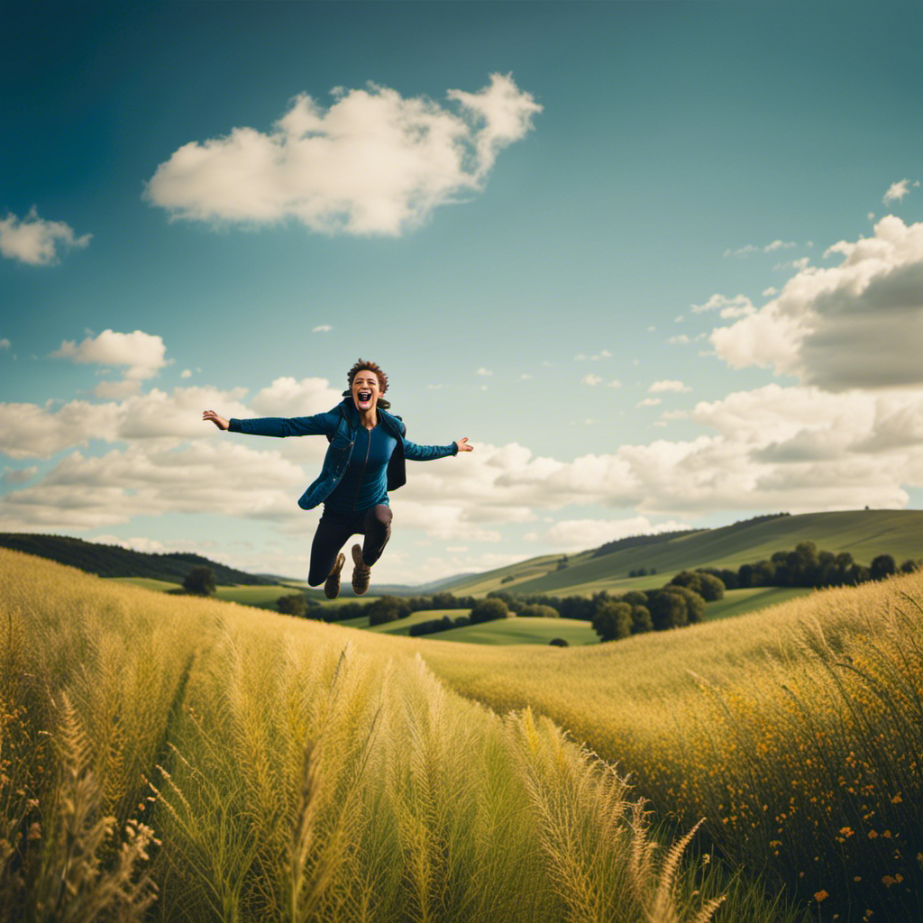 An image of a person effortlessly gliding through the air, with an expression of pure joy on their face, as they soar above a picturesque landscape of rolling hills and a vibrant blue sky