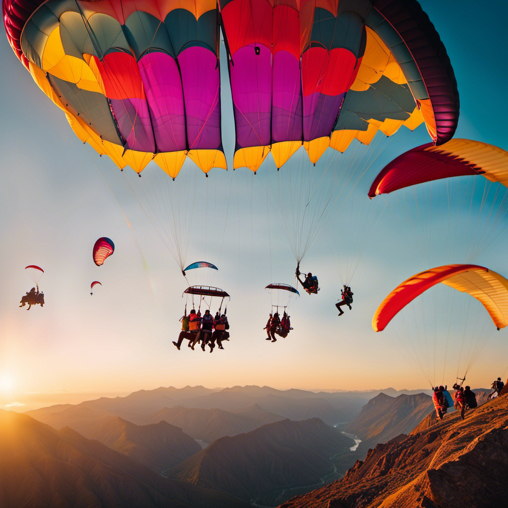 An image showcasing the exhilarating world of Hang G, capturing a group of experienced adventurers suspended mid-air by vibrant, colorful paragliders, soaring against a breathtaking sunset backdrop over majestic mountains