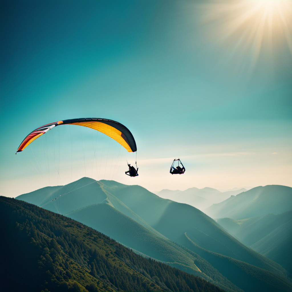 An image showcasing a serene mountain landscape with a vibrant blue sky, capturing a hang glider soaring effortlessly through the air, highlighting the freedom and affordability of this thrilling sport