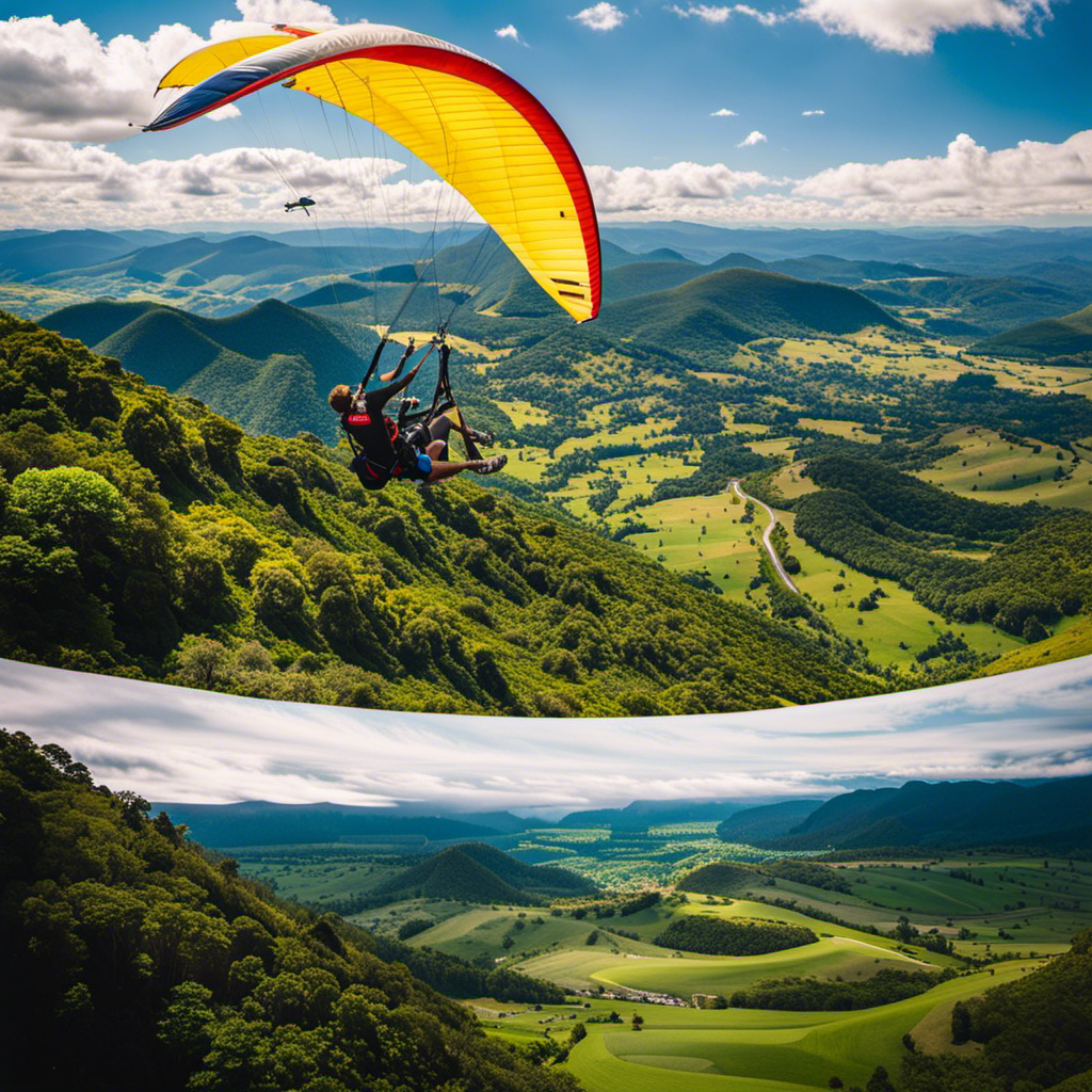 the exhilaration of soaring through the sky at Hang Gliders Lookout: a stunning vista overlooking lush green valleys, where colorful hang gliders glide gracefully amidst a backdrop of towering mountains and endless blue skies