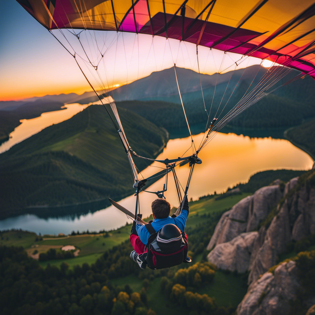An image capturing the exhilarating moment of a novice hang glider gracefully soaring through the vibrant sunset sky, surrounded by breathtaking mountainous landscapes and the distant shimmering of a tranquil lake