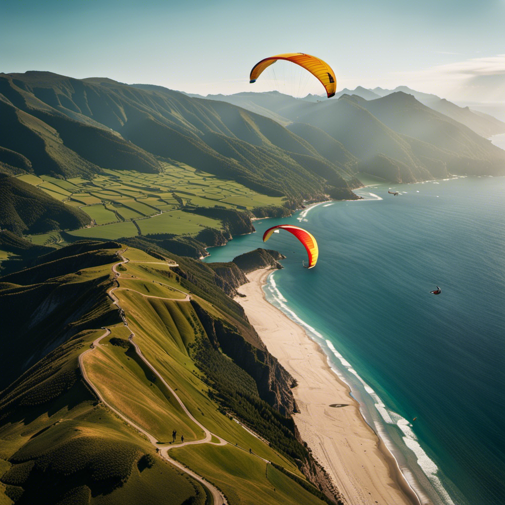 An image showcasing a stunning aerial view of hang gliders soaring through a breathtaking mountain valley, contrasting with paragliders gracefully gliding above a serene coastal landscape, igniting the debate: Hang Gliding Vs