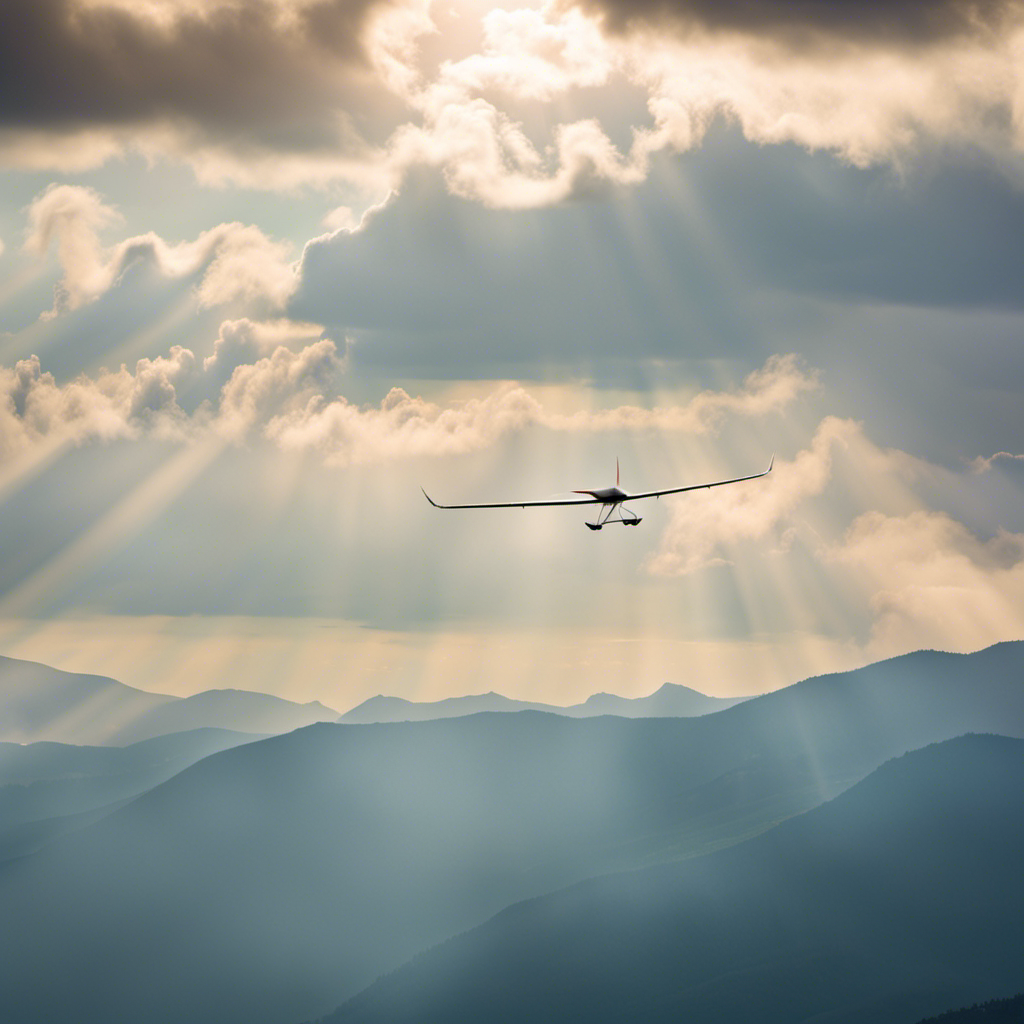 the exhilaration of high gliding in a stunning image: A skilled glider effortlessly soars through wispy clouds, their wingspan elegantly stretching across the vast, azure sky, as the sun illuminates their path