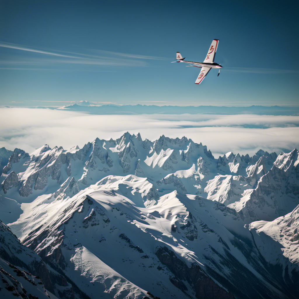 An image showcasing the majestic High Mountain Glider soaring through the pristine alpine landscape, its sleek wings gracefully embracing the towering peaks