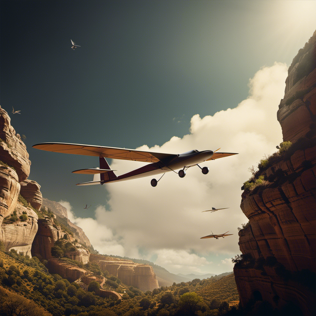 An image showcasing the evolution of gliders throughout history, with a backdrop of ancient cave paintings depicting humans soaring through the sky, transitioning into modern-day sleek and aerodynamic glider designs