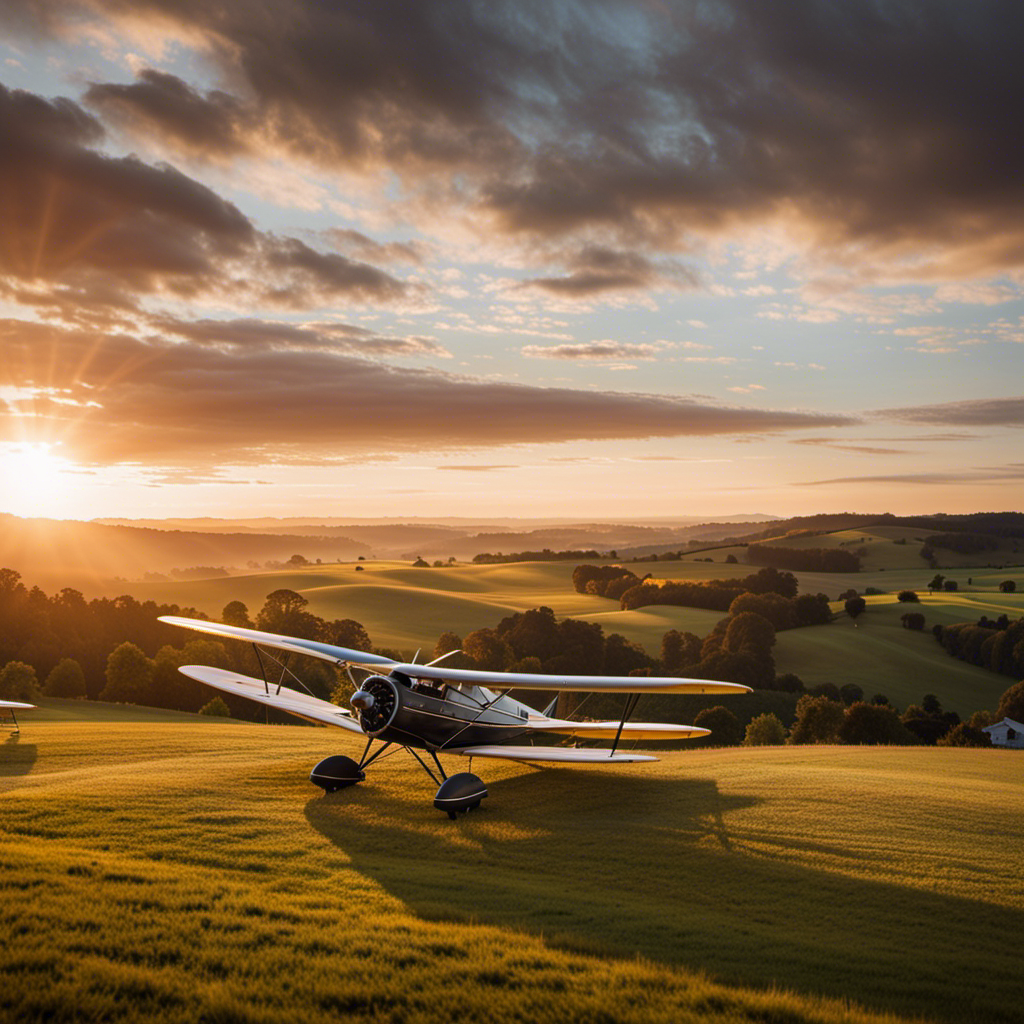 An image showcasing a picturesque sunset over rolling hills, with a small aerodrome nestled in the foreground