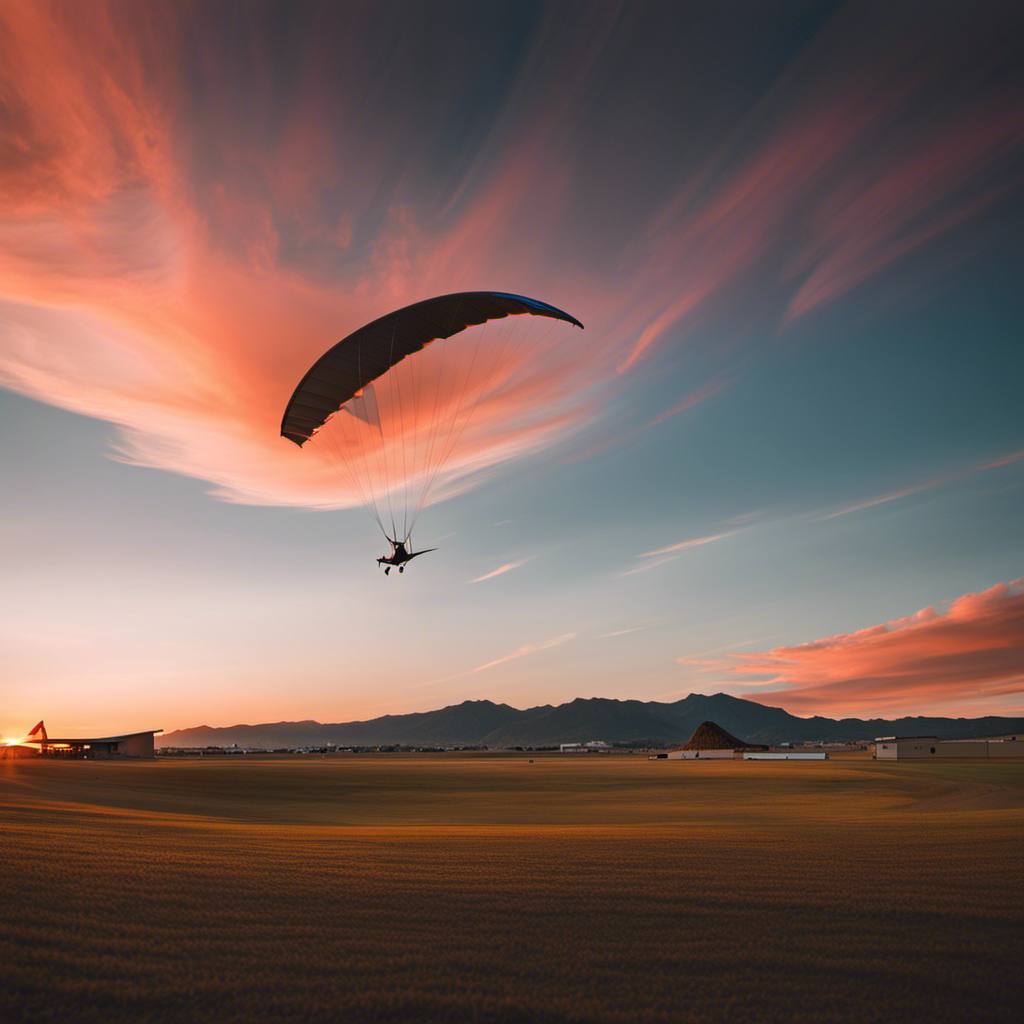 An image capturing the serene sunset sky over Mountain Home Air Force Base, with a solitary hang glider soaring gracefully amidst the vibrant hues