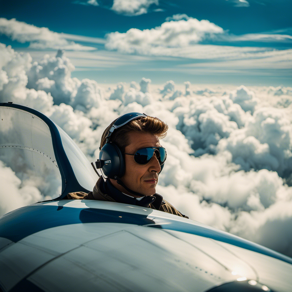 An image capturing the serene beauty of a glider pilot skillfully maneuvering through the azure sky, depicting the pilot's focused gaze, hands gently controlling the flight controls, and the glider soaring gracefully amidst fluffy white clouds