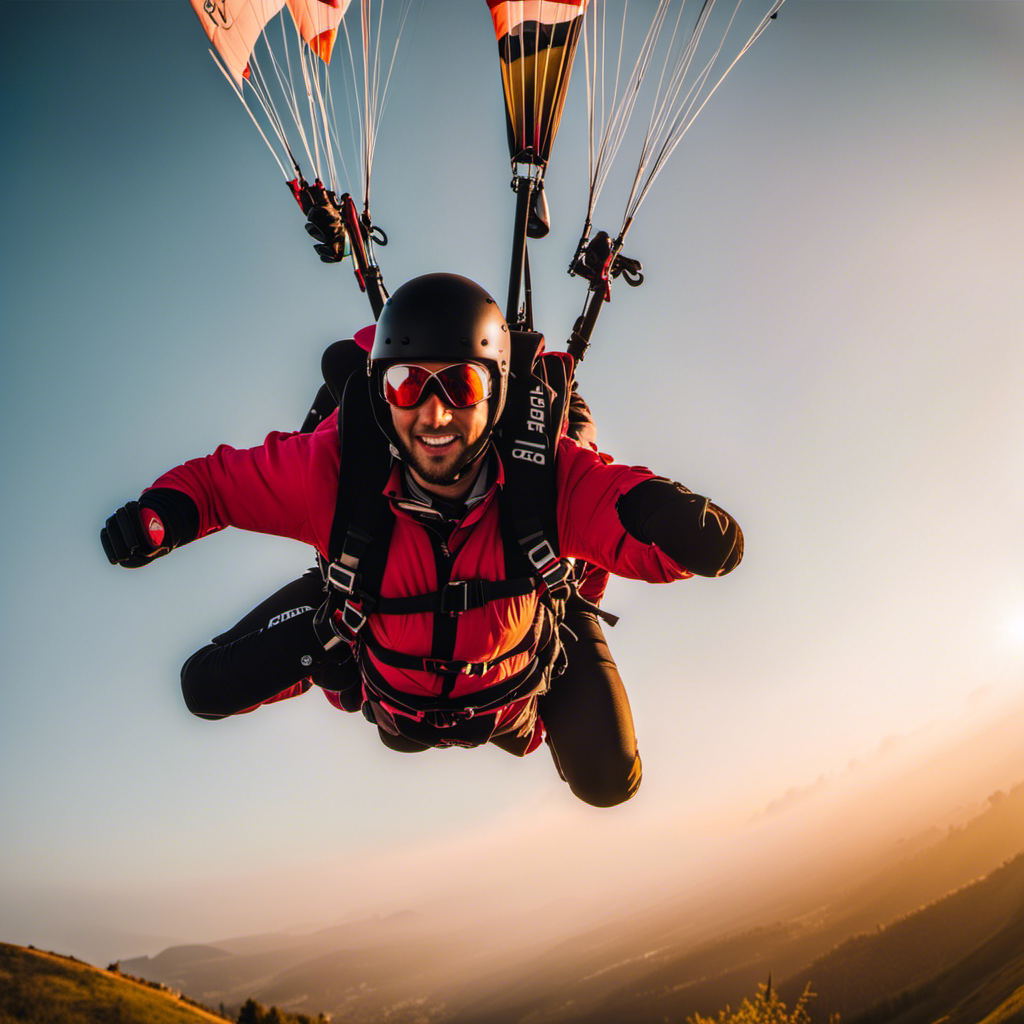 An image capturing the thrilling essence of advanced paragliding techniques: a skilled paraglider soaring through a vibrant sunset sky, executing a perfectly executed spiral dive, with the wind gracefully ruffling their hair