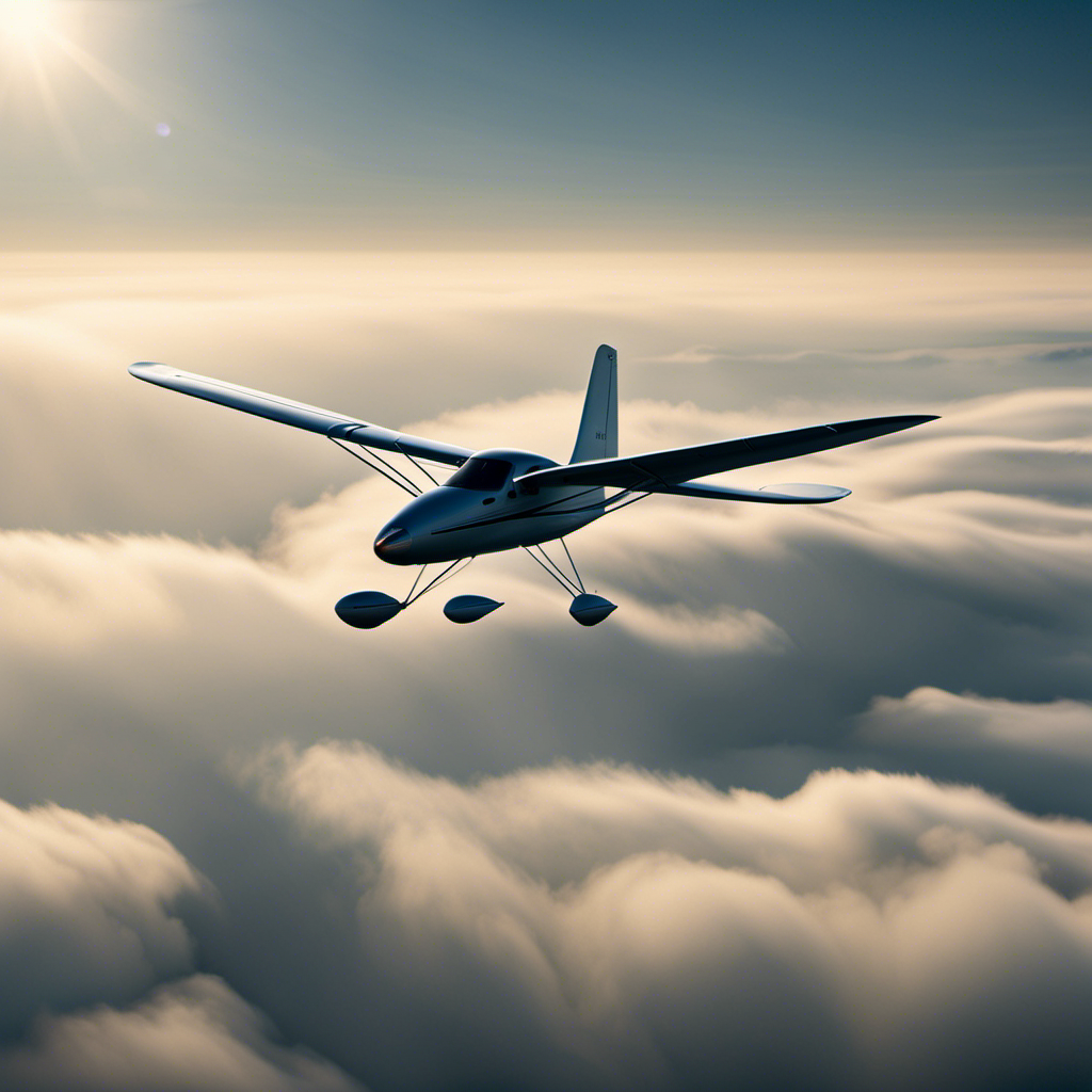 An image showcasing a glider soaring gracefully in the sky, surrounded by wisps of clouds