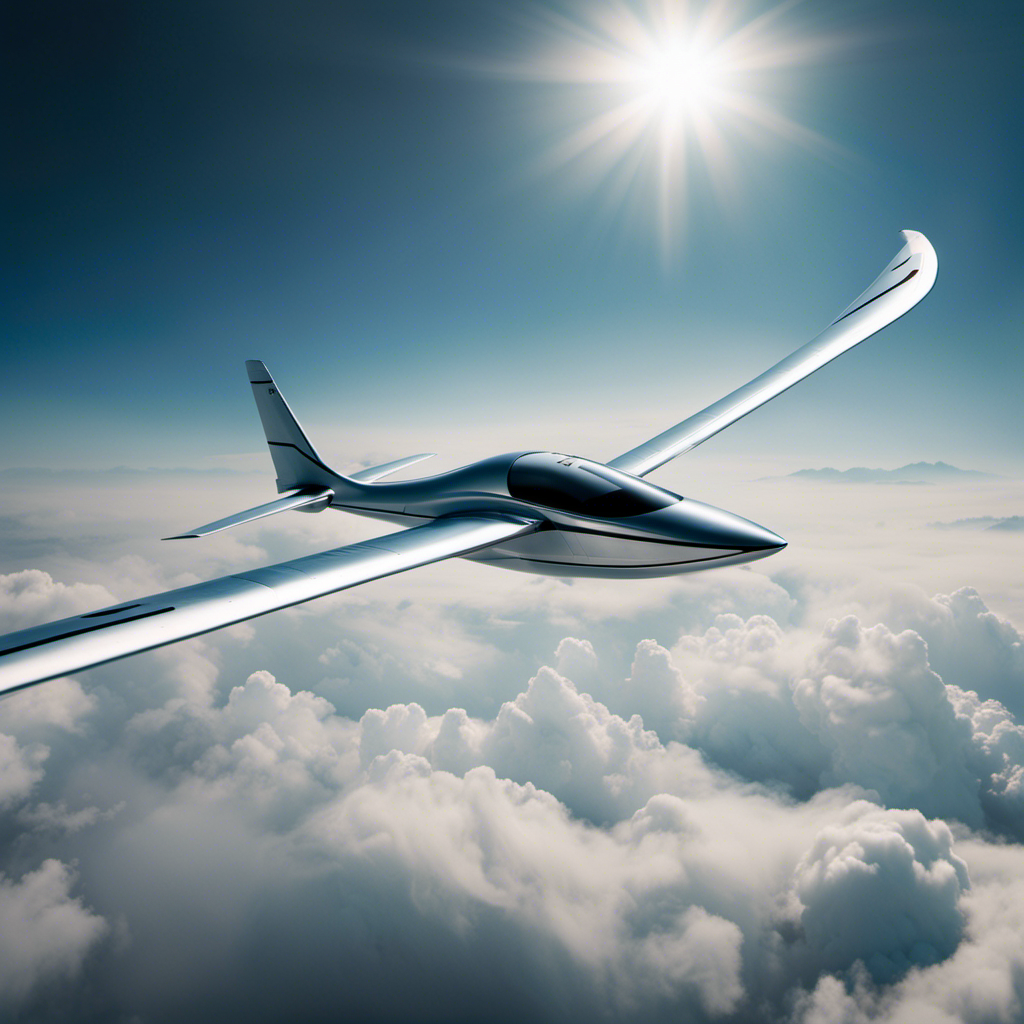 An image showcasing a sleek glider gracefully soaring through the cloud-streaked sky, its streamlined wings effortlessly harnessing the invisible currents of air, highlighting the harmonious interaction between the aircraft and its aerial environment