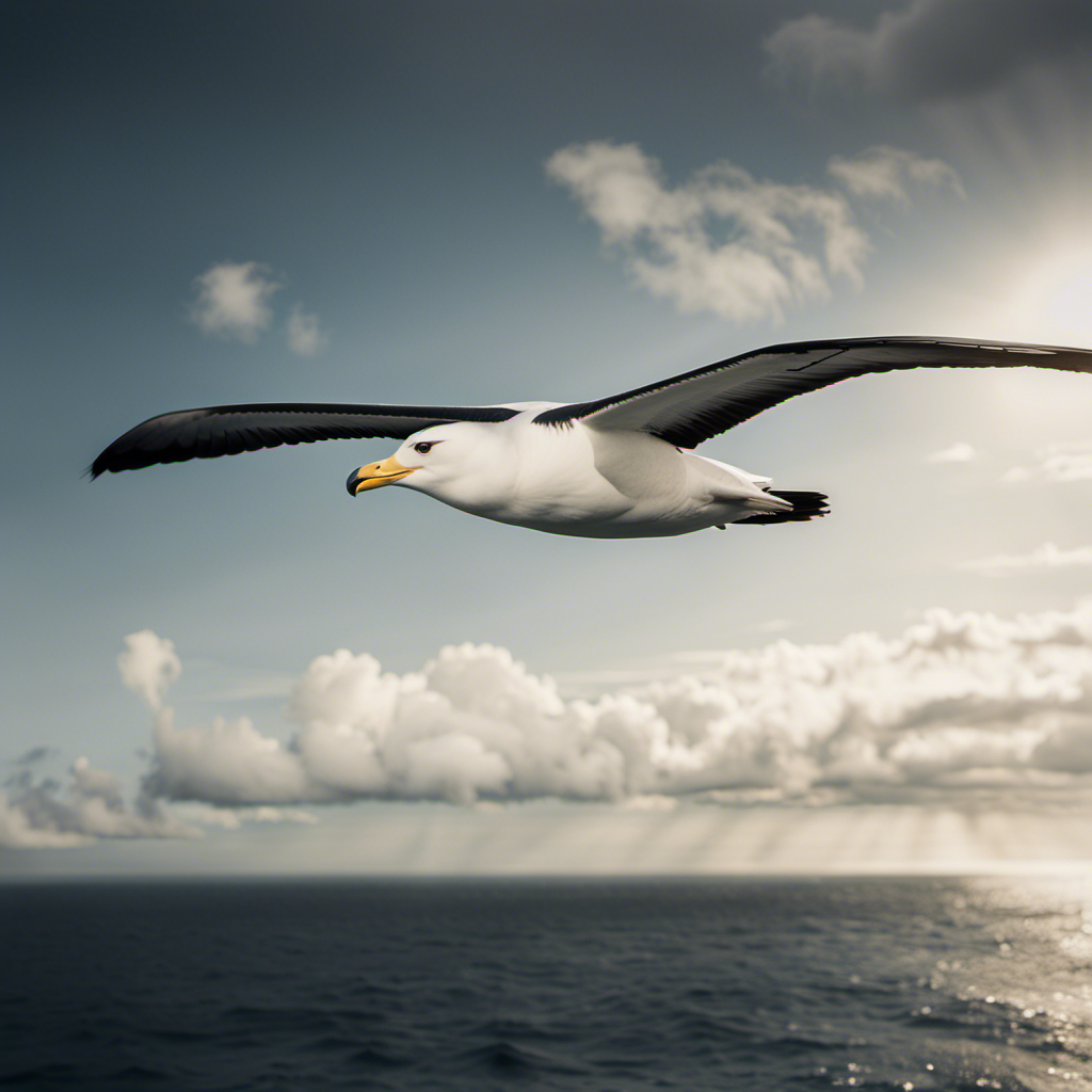 An image capturing the majestic grace of an albatross soaring effortlessly through the sky, its immense wingspan fully extended, feathers gently ruffled by the wind, as it glides above the vast expanse of the ocean