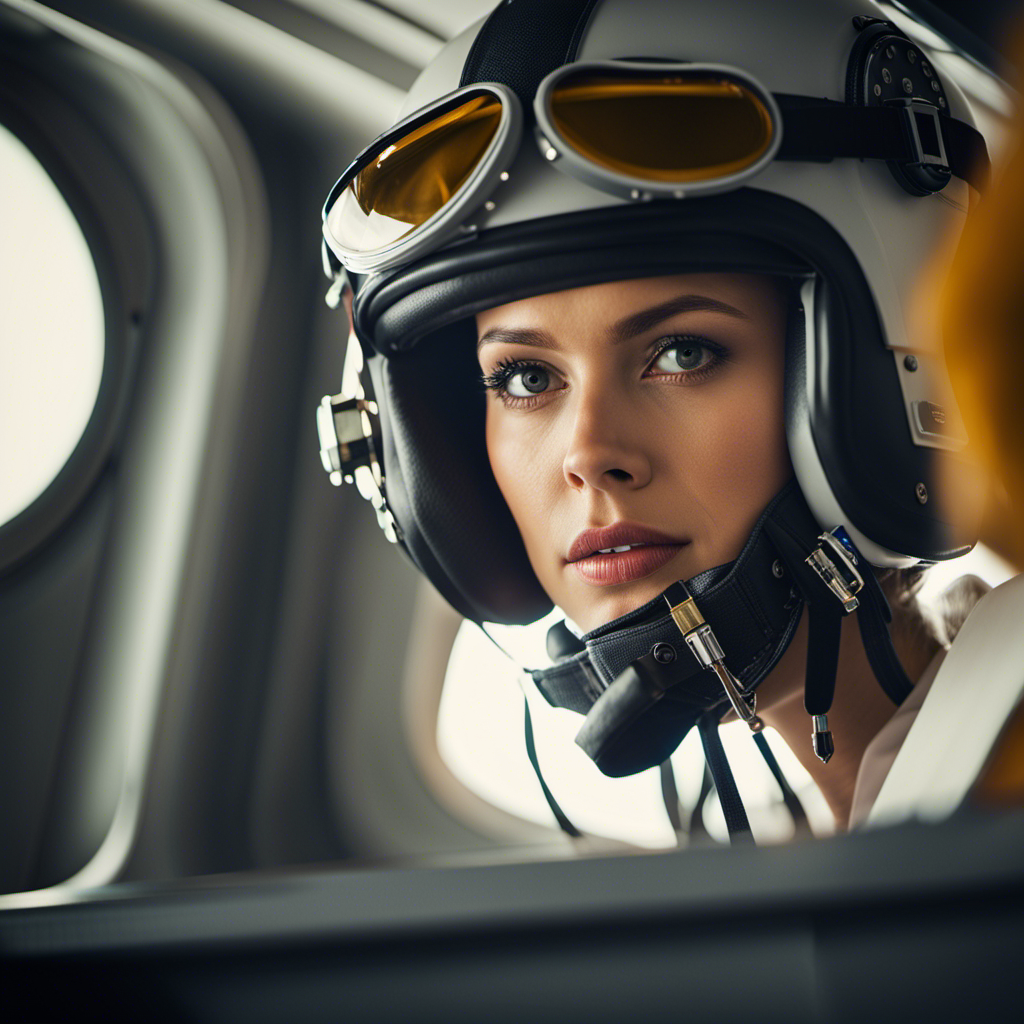 An image depicting a female pilot in a cockpit, demonstrating the process of using the bathroom mid-flight