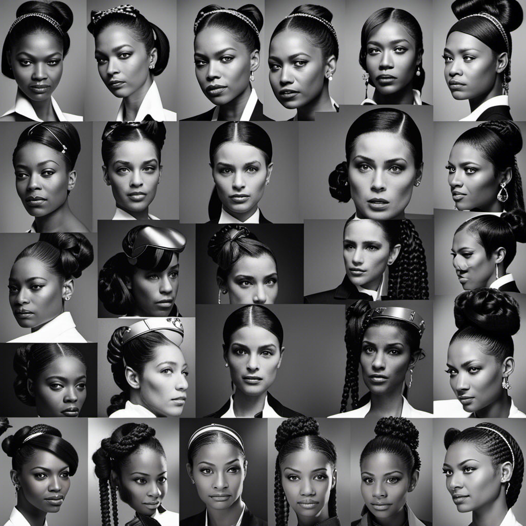 An image showcasing the diverse hairstyles of female pilots; a collage of sleek buns, braided crowns, and neatly tied ponytails, each exuding professionalism and poise, ready to soar through the skies