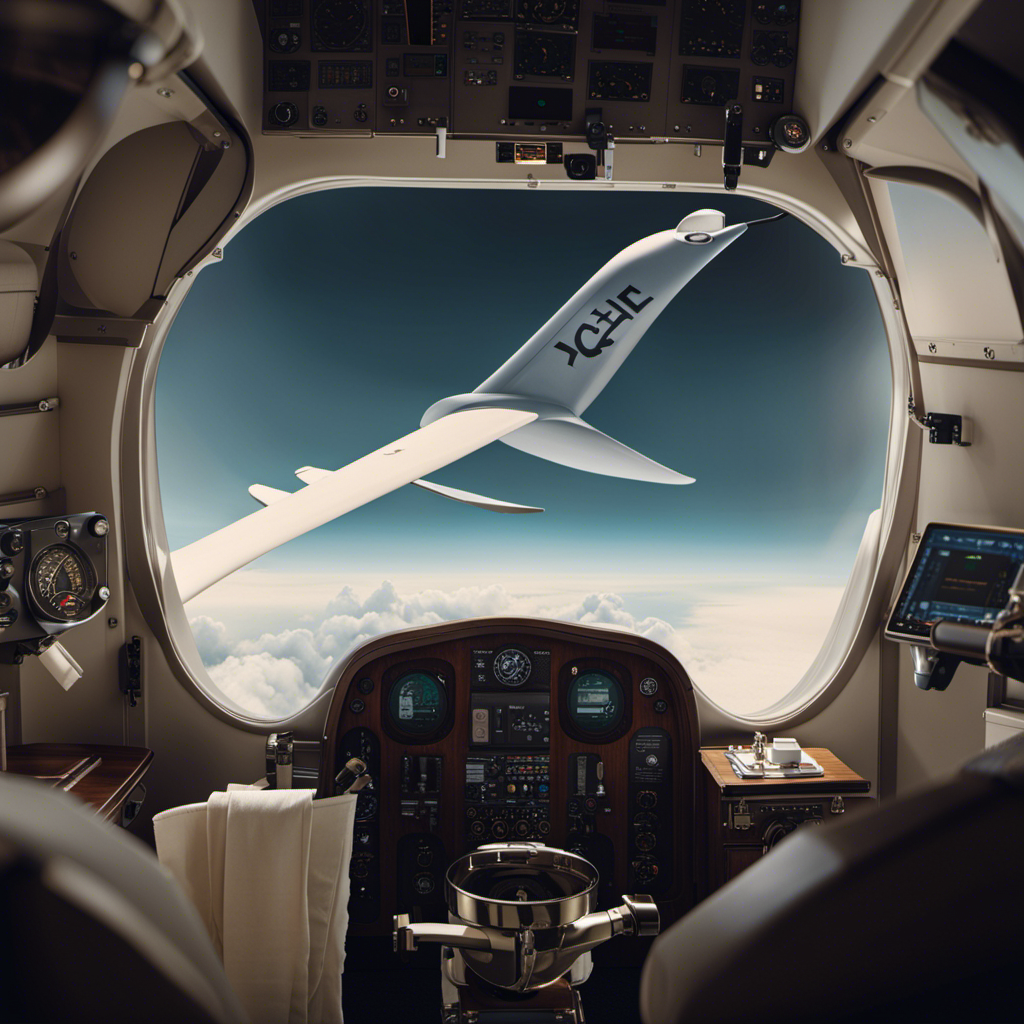 An image depicting a serene glider cockpit, showcasing a discreetly integrated, foldable toilet seat, tucked away next to the pilot's seat