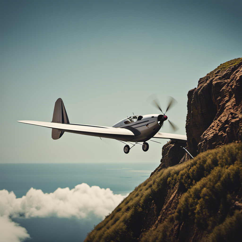 An image of a graceful glider plane positioned at the edge of a steep cliff, with a group of strong, determined pilots steadily pushing it forward, ready to launch into the vast open sky