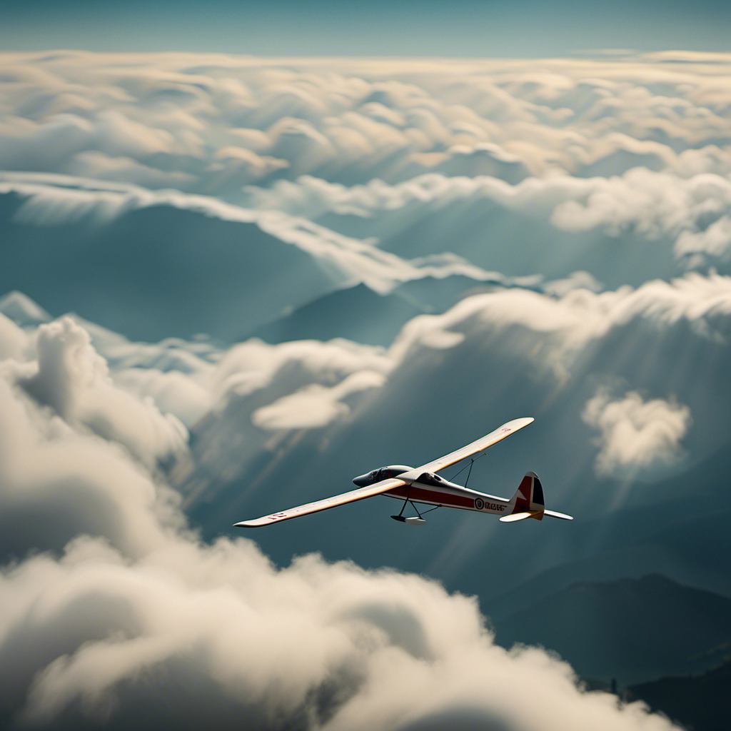An image showcasing a glider plane gracefully soaring through the sky, capturing the intricate details of its streamlined wings, the absence of an engine, and the pilot skillfully maneuvering the controls