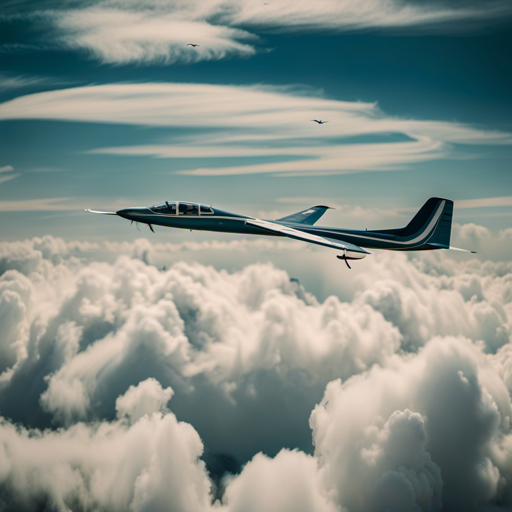 An image showcasing a glider gracefully soaring through the air, against a backdrop of billowing clouds