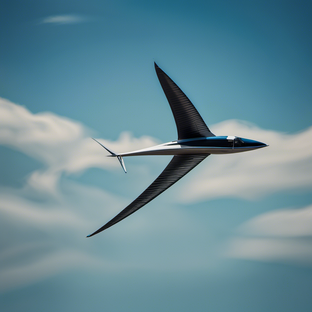 An image showcasing a sleek glider soaring gracefully through the vast blue sky, its wings effortlessly slicing through the air as it captures the uplifting currents and harnesses the power of nature to stay airborne for extended periods of time