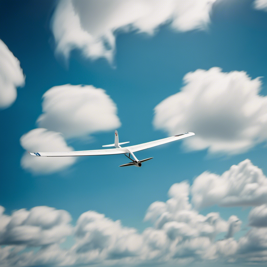 An image showcasing a glider soaring through a clear blue sky, gracefully banking on thermals