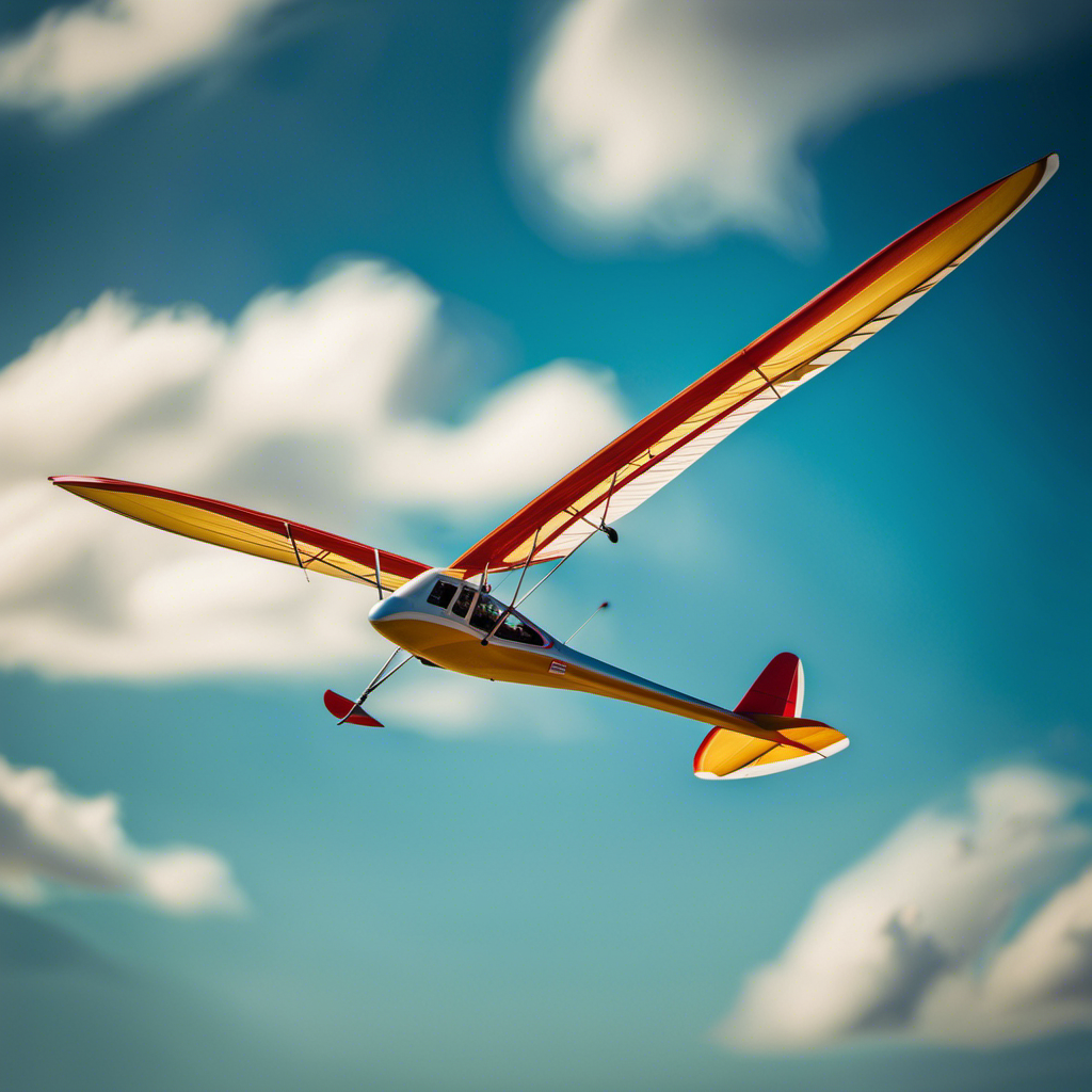 An image showing a glider gracefully soaring through a vibrant blue sky, its sleek wings effortlessly slicing through the air while a gentle breeze lifts it higher, capturing the thrill and freedom of gliding