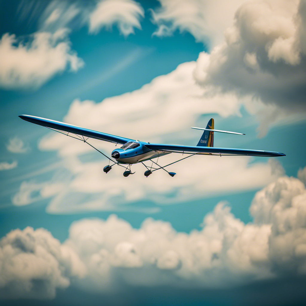 An image capturing the serene beauty of a glider gracefully soaring against a vibrant backdrop of a cloud-studded azure sky, showcasing the intricate mechanics of its aerodynamic design and the thrill of defying gravity