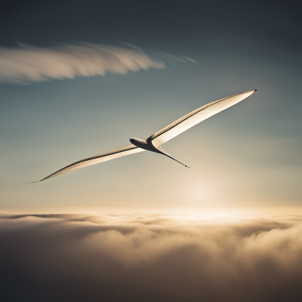 An image capturing the graceful dance of a glider soaring through the sky, showcasing its sleek wingspan and elegant arc as it harnesses rising air currents to stay afloat effortlessly