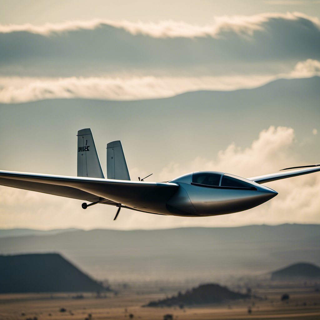 An image showcasing a sleek glider gracefully soaring through the air, its wings elegantly curved to generate lift, while the pilot skillfully maneuvers the controls, demonstrating the principles of gliding without words