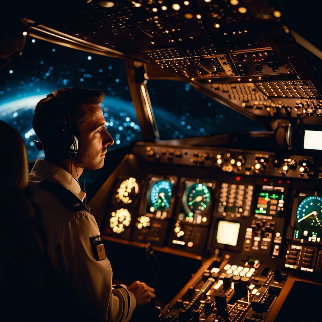 An image showcasing a cockpit at night, illuminated by soft, warm light