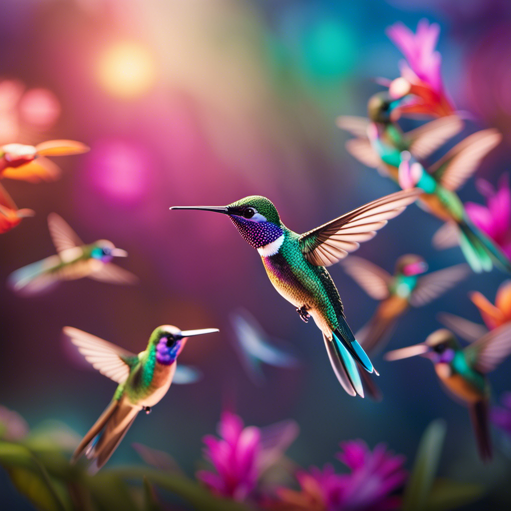 An image showcasing a flock of vibrant, iridescent hummingbirds suspended mid-air, their wings frozen in intricate patterns of motion, illustrating the mysterious forces that allow these tiny creatures to stay afloat effortlessly