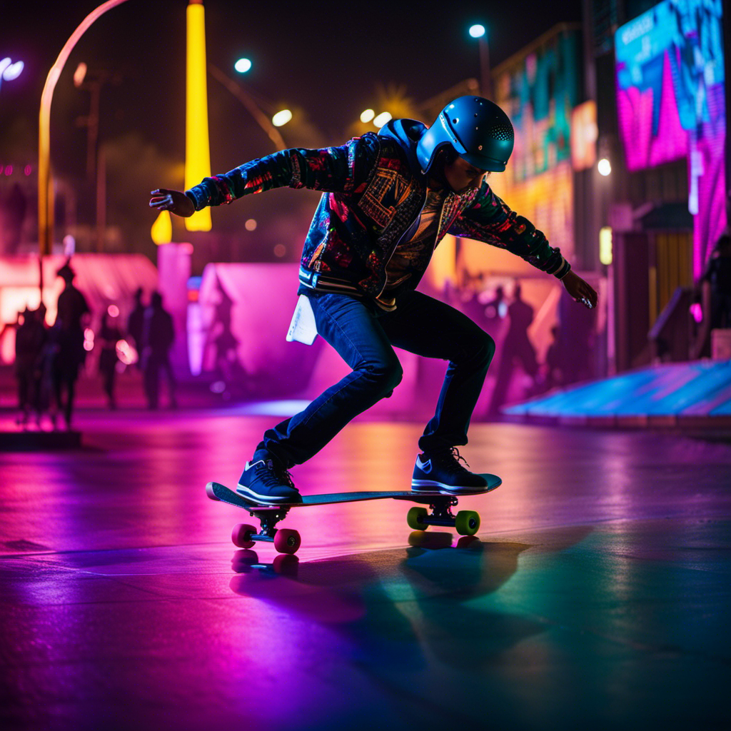 An image showcasing a skilled skateboarder effortlessly gliding through a neon-lit cityscape at night