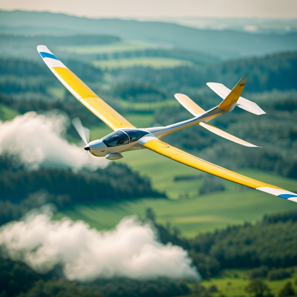 An image capturing the serene beauty of a glider soaring gracefully through the blue sky, with its streamlined wings outstretched, pilot confidently maneuvering the controls, and the earth below, a patchwork of lush green landscapes