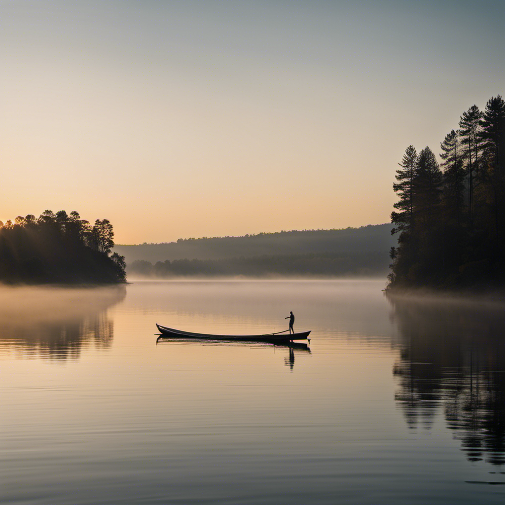 An image capturing a serene lake scene at dawn, with a lone figure gracefully gliding across the glassy water's surface, their body arched in perfect alignment, arms extended, as the morning mist delicately caresses their face