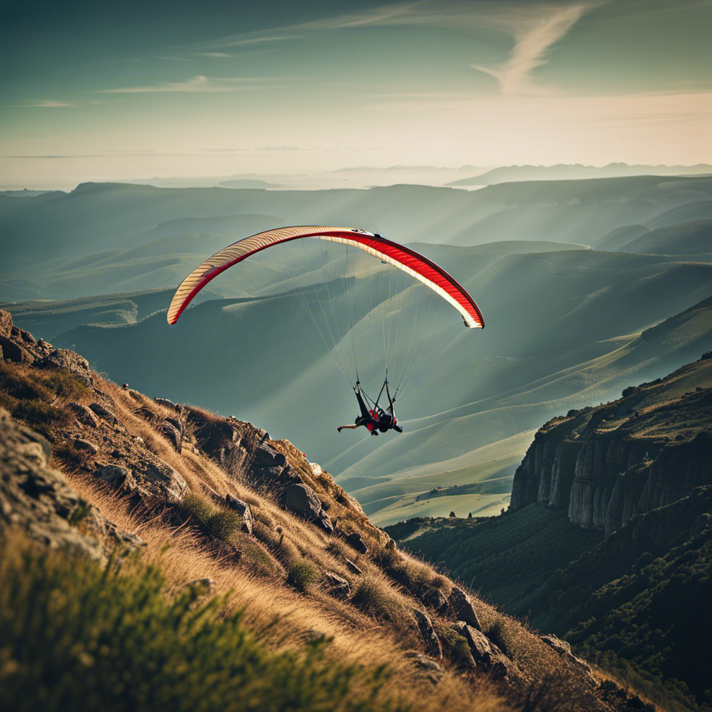 An image capturing the exhilarating moment of launching a hang glider: a fearless pilot, clad in vibrant gear, running with determination towards the edge of a towering cliff, ready to defy gravity and take flight