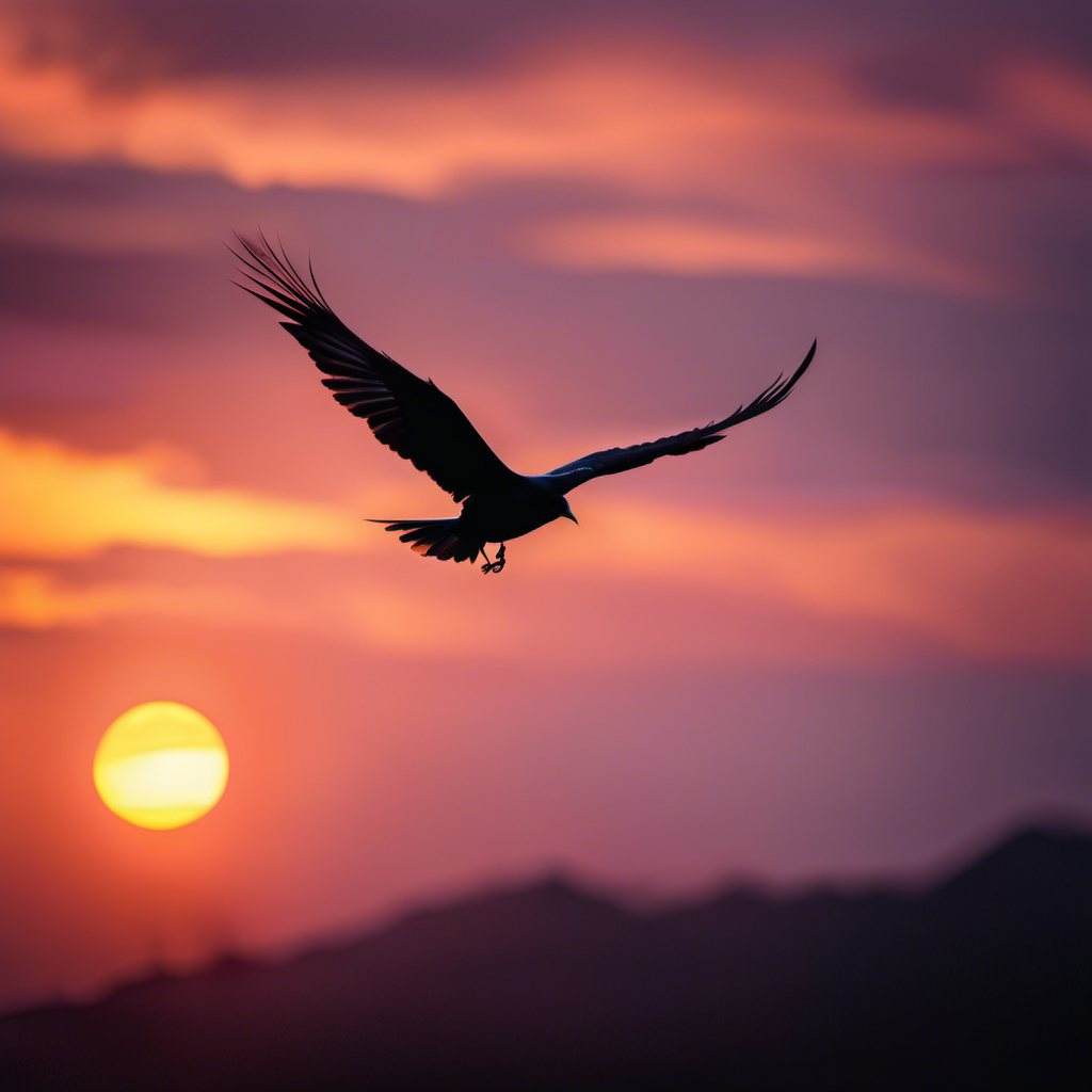 An image capturing the essence of "soaring" by depicting a majestic bird effortlessly gliding through a vibrant sunset sky, its outstretched wings casting a striking silhouette against the radiant backdrop