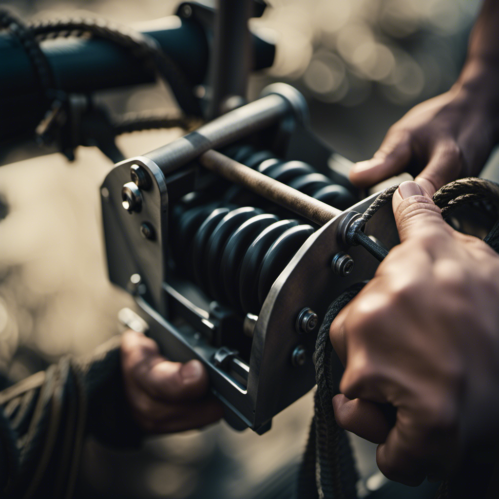 An image depicting a close-up view of skilled hands gripping a winch handle, exerting force as they rotate it clockwise, tightly winding the winch