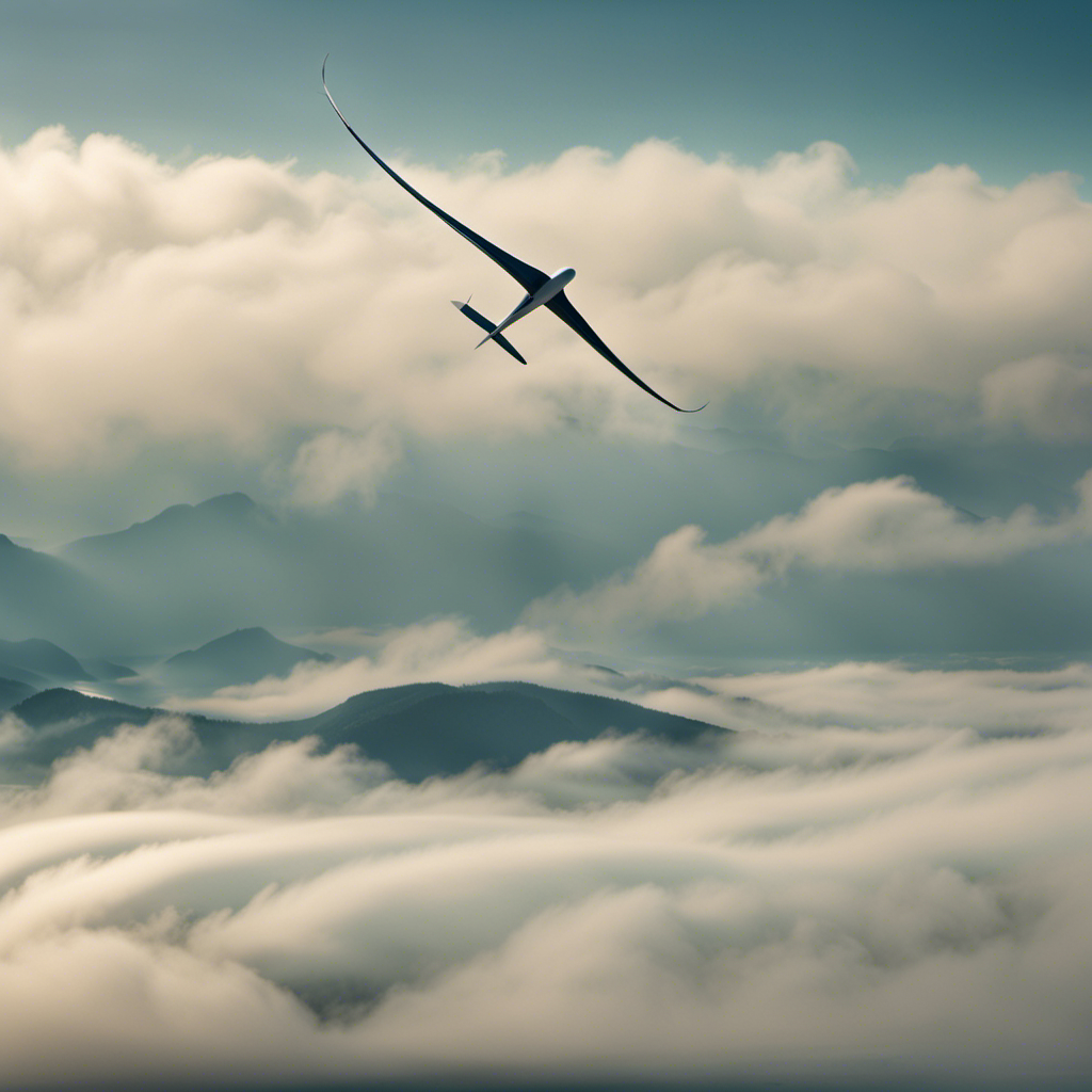An image capturing the graceful flight of a glider, suspended in mid-air, as its slender wings catch gentle thermals
