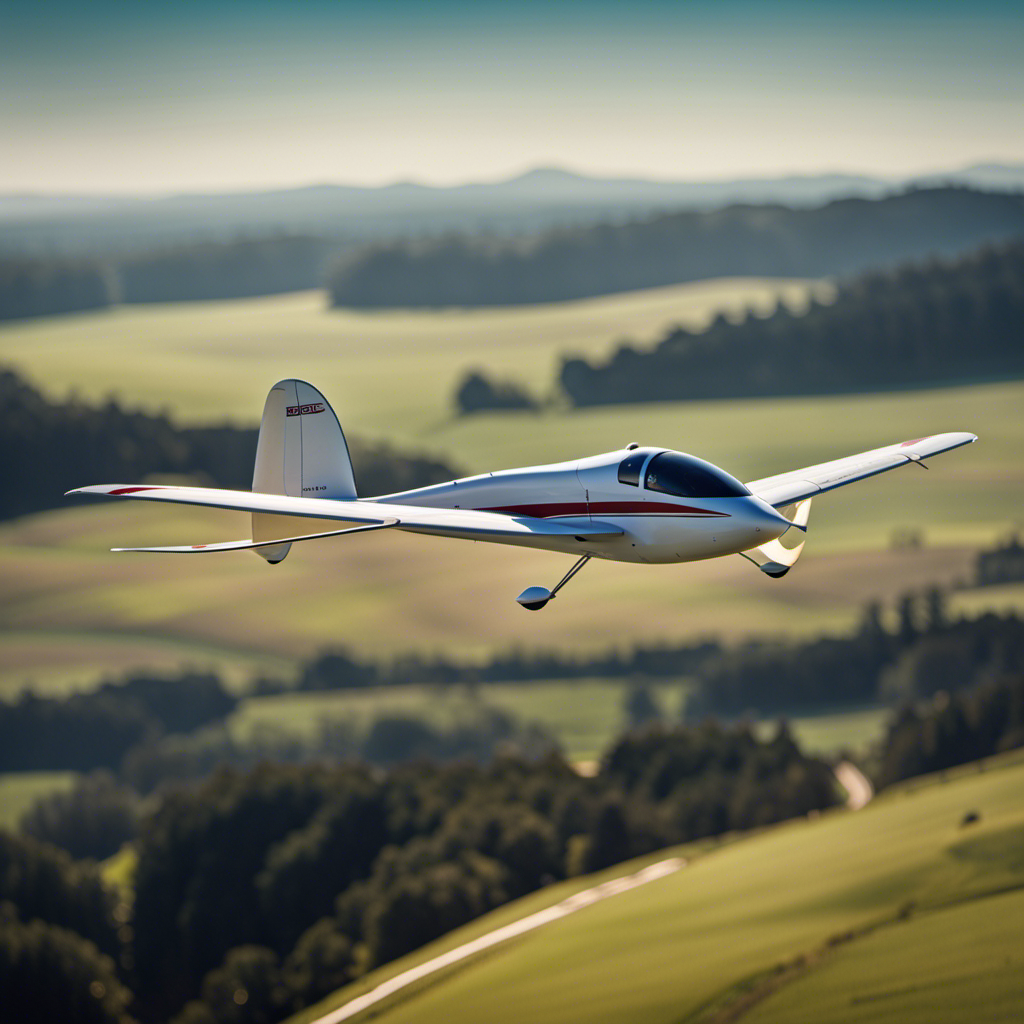 An image capturing the precise moment of a glider's graceful ascent as it launches from a gentle slope, showcasing the pilot's focused determination, the sleek aerodynamic design of the glider, and the surrounding serene landscape