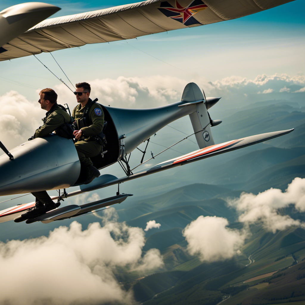 An image that showcases a military pilot gracefully maneuvering a glider through the sky, while an FAA instructor observes from the ground, surrounded by glider equipment and a banner displaying the FAA Commercial Glider Rating logo