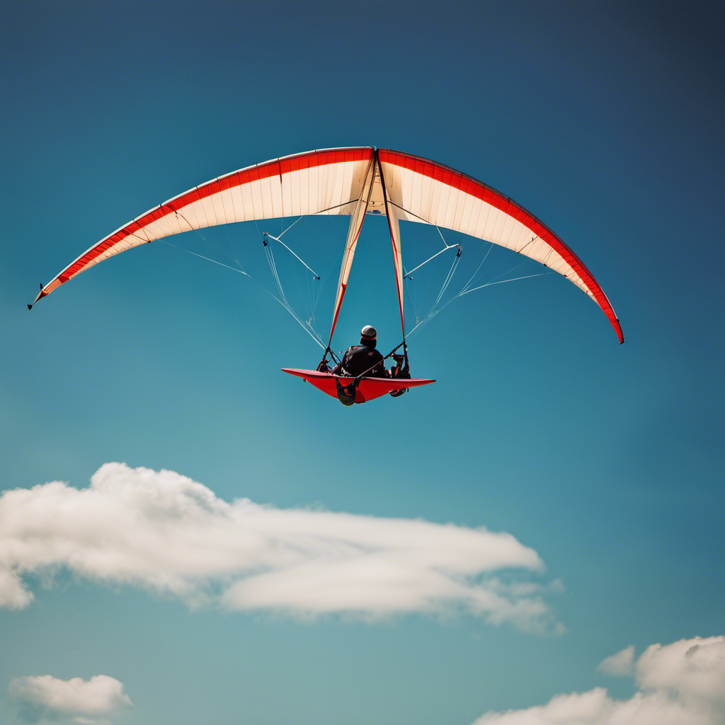 An image showcasing a hang glider soaring effortlessly through clear blue skies, with two variants: one with a lightweight pilot gracefully maneuvering, and another with a heavier pilot struggling to maintain control