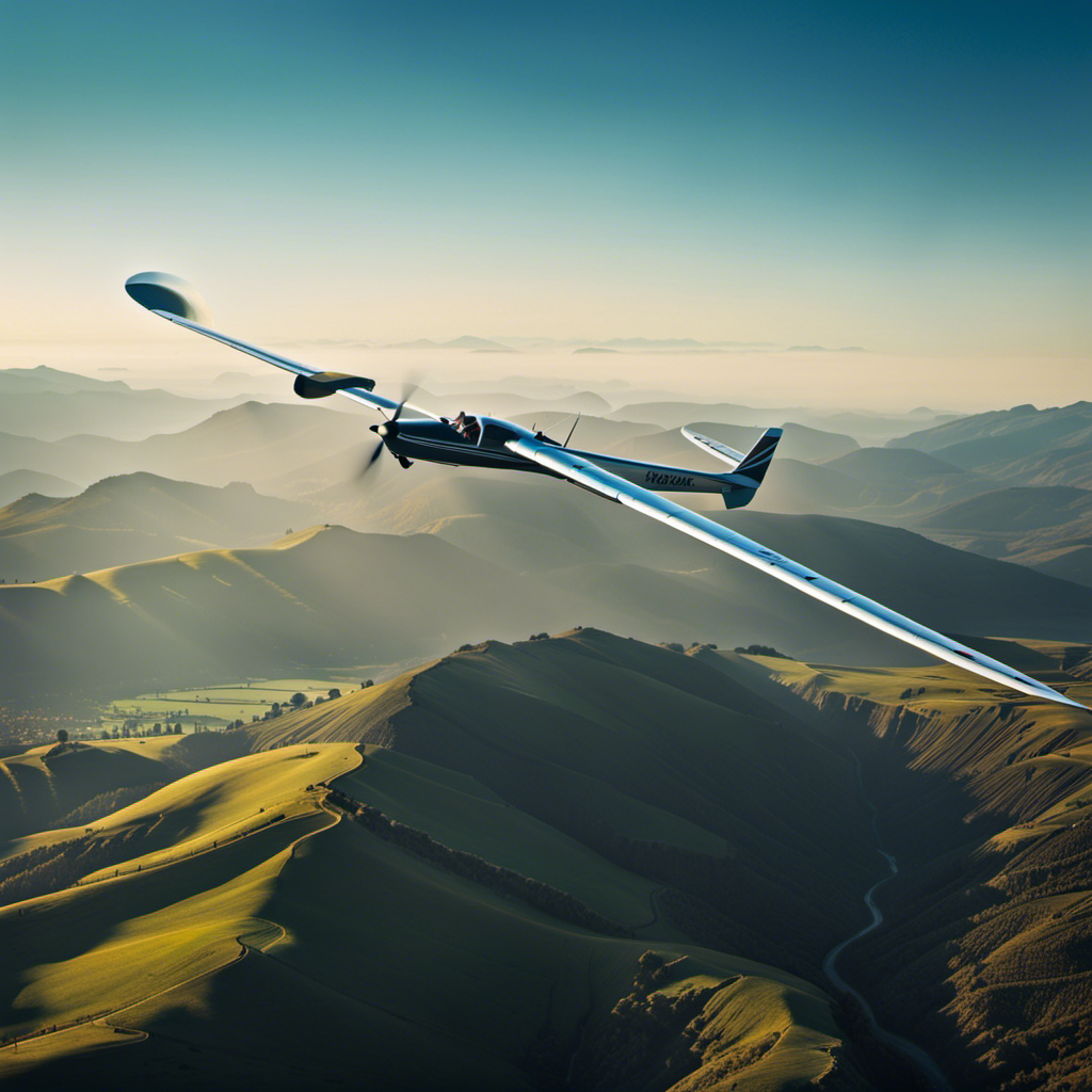 An image capturing the exhilarating adventure of a commercial glider pilot effortlessly soaring through a clear blue sky, surrounded by breathtaking views of rolling landscapes and distant mountains, showcasing the ease and freedom of their profession