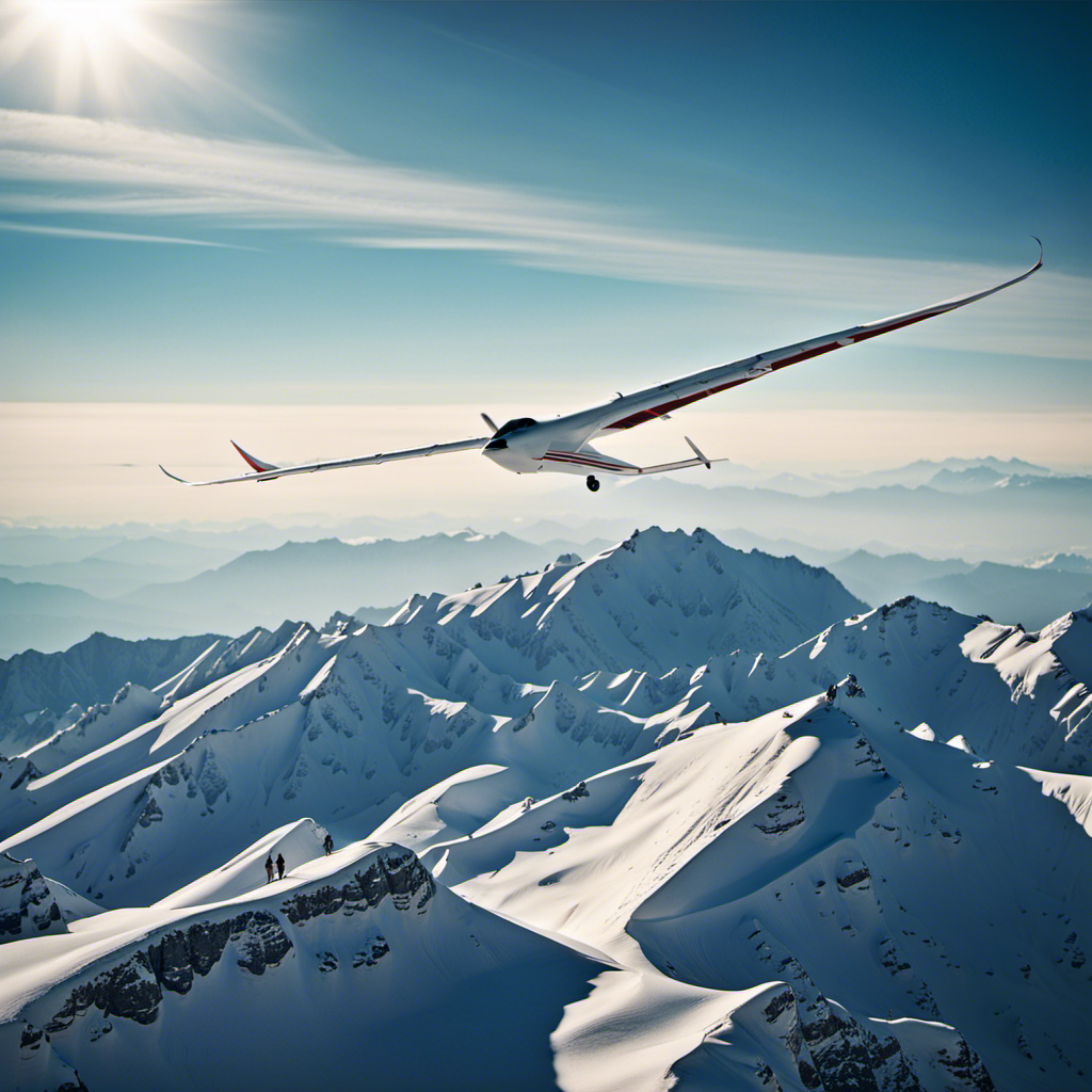 An image capturing the breathtaking moment when a glider soars above majestic snow-capped peaks, with its slender wings effortlessly slicing through the crisp, azure sky, symbolizing the boundless possibilities of flight