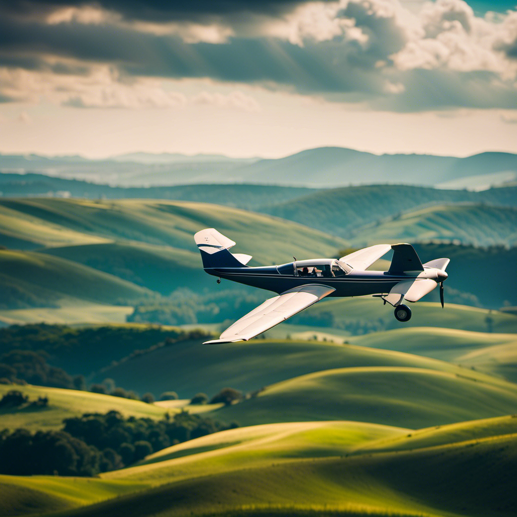 An image that showcases a glider plane gracefully soaring high above a picturesque landscape, with expansive rolling hills, winding rivers, and a vivid blue sky stretching infinitely towards the horizon