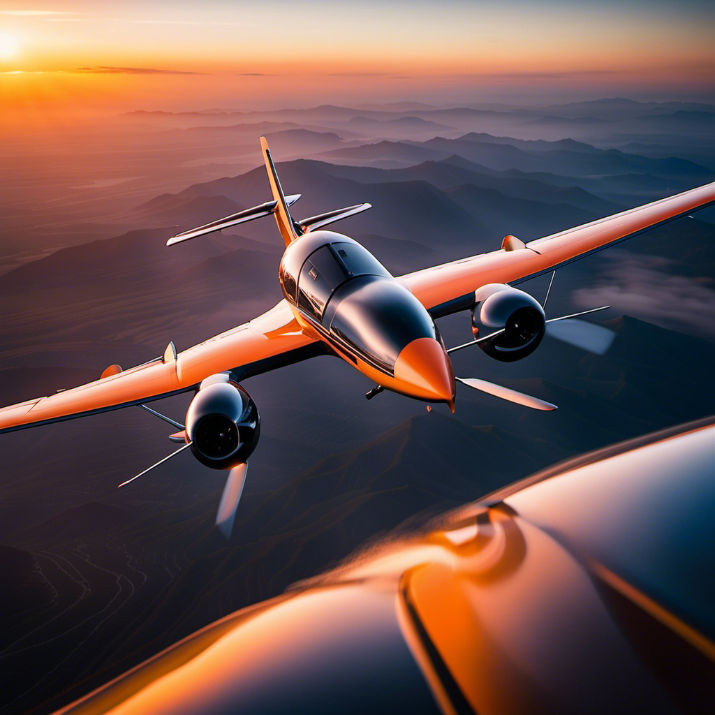 Create an image capturing the serenity of a glider plane effortlessly soaring through the endless expanse of a vibrant orange sunset, showcasing the remarkable distance it can cover through its graceful gliding capabilities