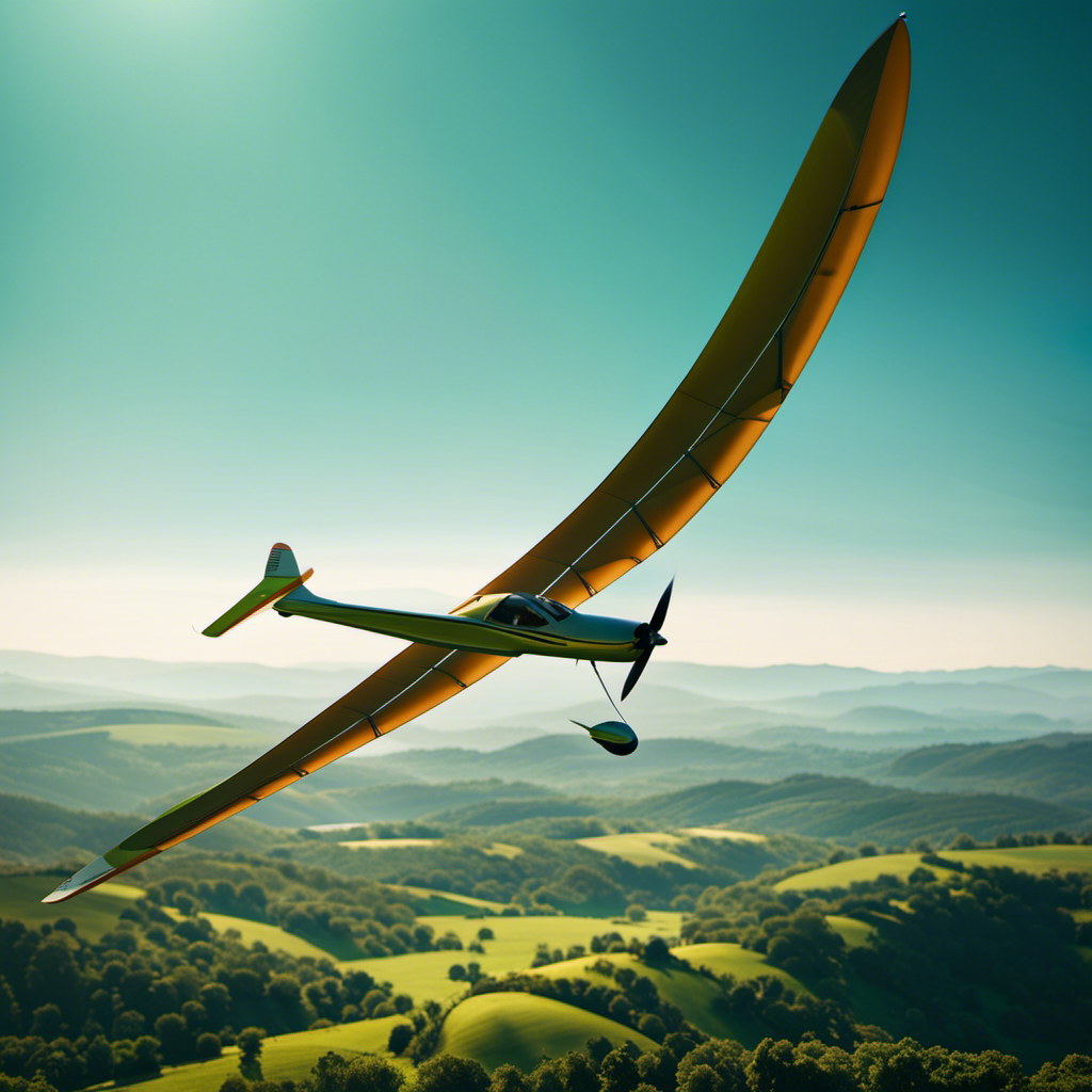 An image showcasing a vibrant glider soaring gracefully through a clear azure sky, its slender wings fully extended, carrying the pilot high above the rolling hills and lush green forests below