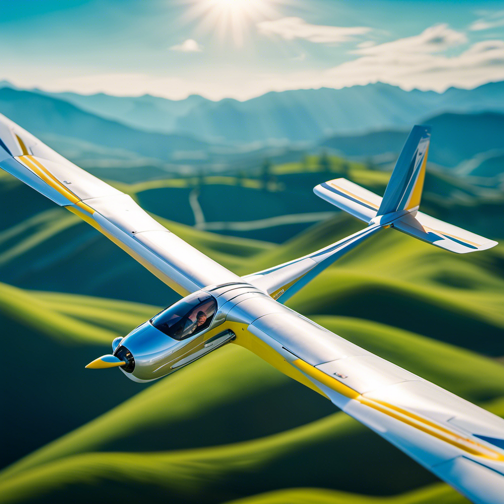 An image showcasing a graceful glider soaring through a vibrant azure sky, glinting sunlight reflecting off its sleek wings