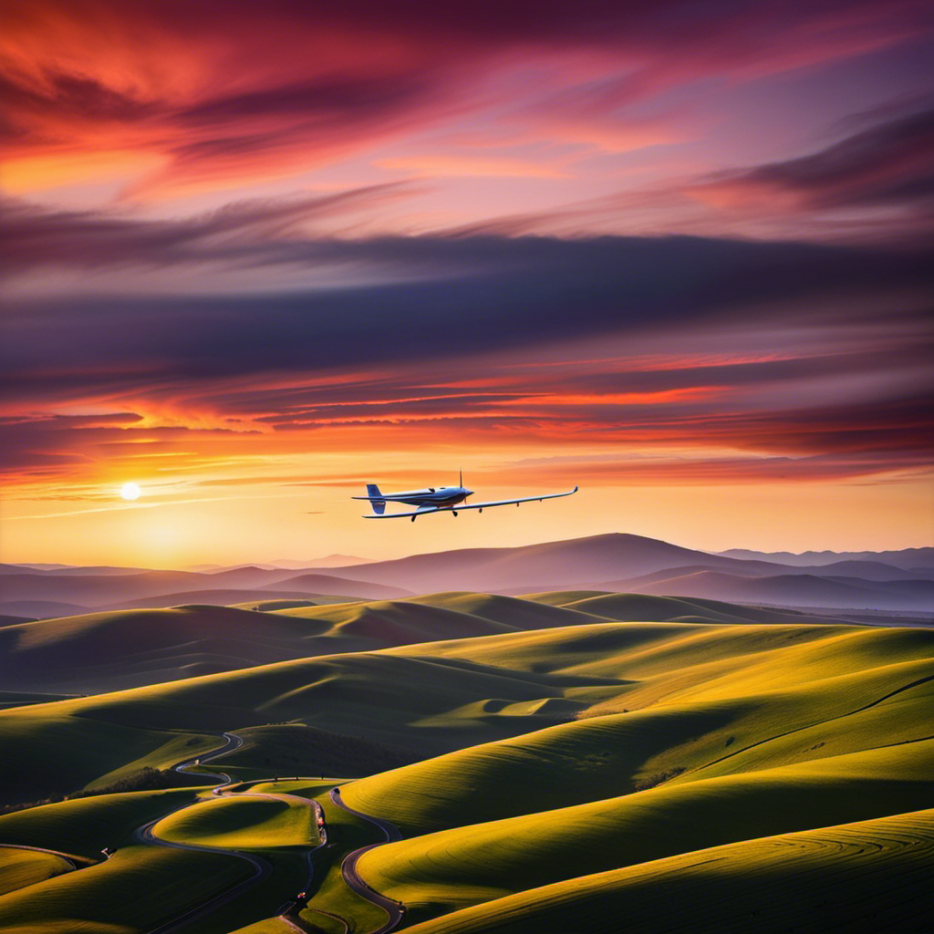 An image that captures the exhilarating freedom of gliding through the sky, showcasing a sleek glider plane gracefully soaring above rolling hills, with the vibrant colors of a stunning sunset painting the backdrop